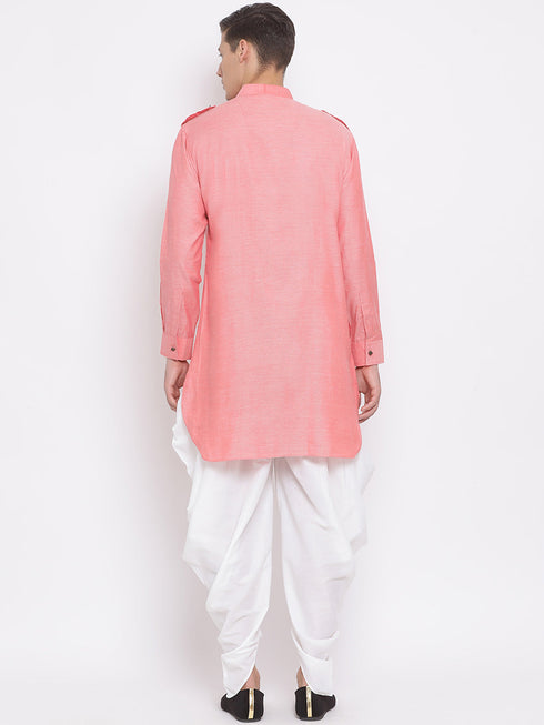 Vastramay Men's Red Cotton Blend Kurta and Dhoti Set